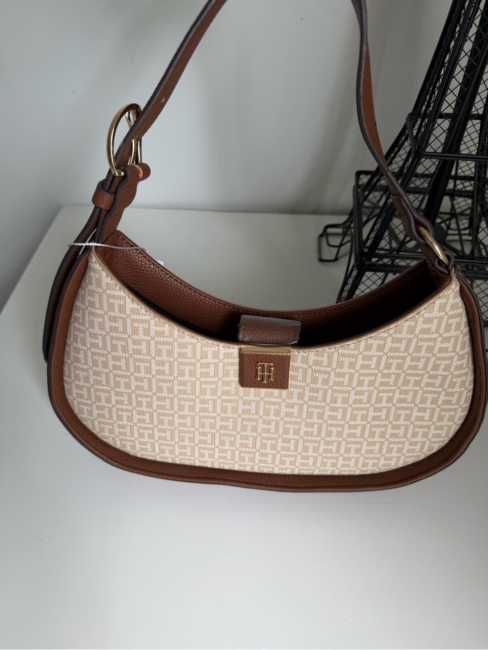 Tommy Hilfiger Beige & Brown Monogram Shoulder Bag